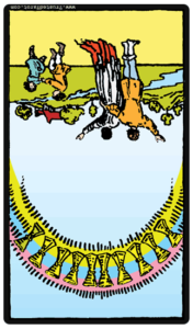 Carte de tarot rider White : 10 de coupes (arcane mineure) inversée