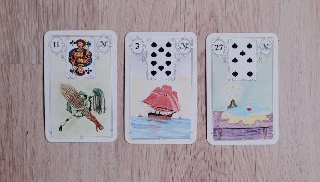 Tirage Lenormand de trois cartes : le fouet, le bateau et la lettre
