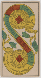 Deux de deniers tarot de Marseille (arcane mineur): deux deniers entourés d’une ligne aux décorations médiévales florales qui rappelle le signe de l’infini