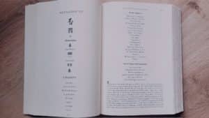 Pages du I ching (en anglais) présentant un hexagramme, sa décomposition et signification des traits ainsi que les différentes couches de lecture