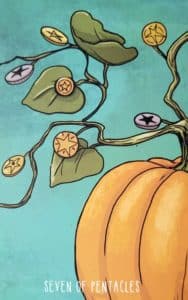 Sept de pentacles du deck de tarot The Spacious Tarot - The seven of pentacles from the Spacious Tarot tarot deck