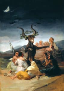 Peinture à l’huile de Francisco de Goya, un peintre romantique, dans un style très réaliste. Au cœur de la nuit, dans un espace de campagne où rien ne pousse, de vieilles femmes à moitiés dénudées entourent un bouc à la couronne de feuilles, image de satan. Ses parties génitales sont exposées bien que cachées. Les femmes lui tendent des enfants en sacrifice.