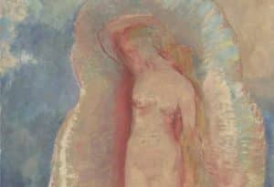 Au nuancier bleu et surtout dans les tons beiges et ros&eacute;s, est peinte dans un style proche de l&rsquo;impressionnisme la d&eacute;esse V&eacute;nus aux cheveux roux, nue, dans un coquillage