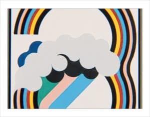 Carte repr&eacute;sentant un en huit sans milieu au motif arc-en-ciel duquel sort une vague dont l&rsquo;eau repr&eacute;sente des lignes droites vert fonc&eacute; clair, rose pastel, cyan fonc&eacute; clair